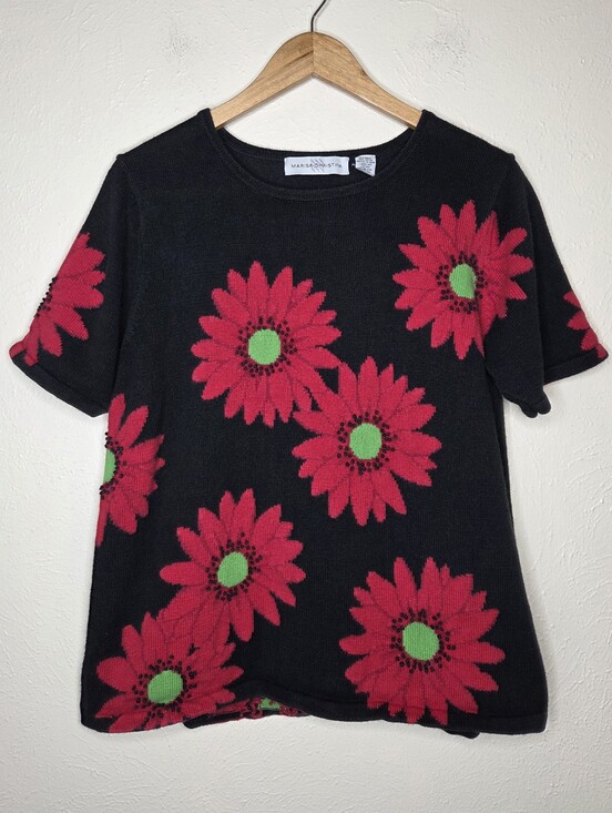 Marisa Christina Sweaters - Marisa Christina Daisy Sweater Black Red Floral Short Sleeve XL Garden Party